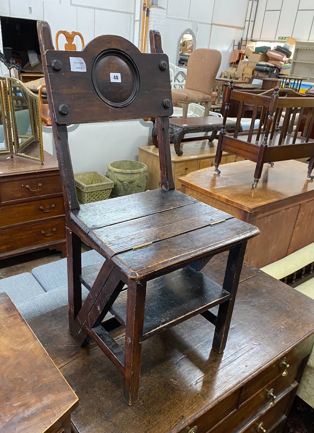 A Victorian oak and mahogany metamorphic library chair, width 39cm, height 82cm